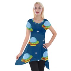 Seamless Pattern Ufo With Star Space Galaxy Background Short Sleeve Side Drop Tunic