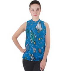 About Space Seamless Pattern Mock Neck Chiffon Sleeveless Top