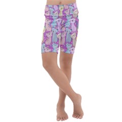 Colorful Cute Cat Seamless Pattern Purple Background Kids  Lightweight Velour Cropped Yoga Leggings by Vaneshart