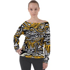 Crazy Abstract Doodle Social Doodle Drawing Style Off Shoulder Long Sleeve Velour Top by Vaneshart