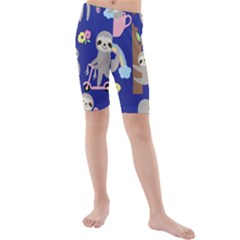 Hand Drawn Cute Sloth Pattern Background Kids  Mid Length Swim Shorts by Vaneshart