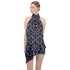 Lines And Dots Motif Geometric Seamless Pattern Halter Asymmetric Satin Top by dflcprintsclothing