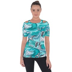 Sea Waves Seamless Pattern Shoulder Cut Out Short Sleeve Top by BangZart