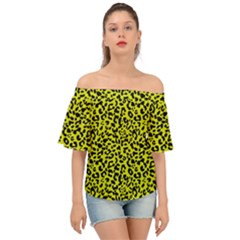 Leopard Spots Pattern, Yellow And Black Animal Fur Print, Wild Cat Theme Off Shoulder Short Sleeve Top by Casemiro