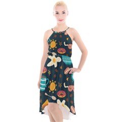 Seamless Pattern With Breakfast Symbols Morning Coffee High-low Halter Chiffon Dress  by BangZart