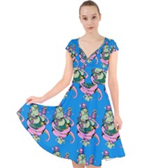 Monster And Cute Monsters Fight With Snake And Cyclops Cap Sleeve Front Wrap Midi Dress by DinzDas