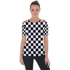 Black And White Chessboard Pattern, Classic, Tiled, Chess Like Theme Shoulder Cut Out Short Sleeve Top by Casemiro
