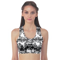 Stylized Botanical Motif Black And White Print Sports Bra by dflcprintsclothing