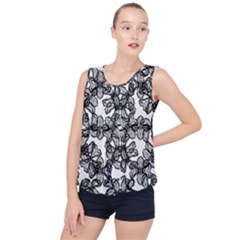Stylized Botanical Motif Black And White Print Bubble Hem Chiffon Tank Top