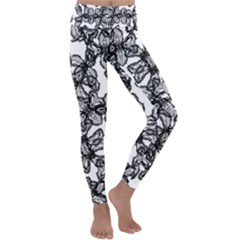 Stylized Botanical Motif Black And White Print Kids  Lightweight Velour Classic Yoga Leggings by dflcprintsclothing