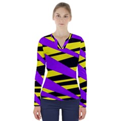 Abstract Triangles, Three Color Dotted Pattern, Purple, Yellow, Black In Saturated Colors V-neck Long Sleeve Top by Casemiro