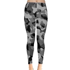 Grey And Black Camouflage Pattern Leggings  by SpinnyChairDesigns