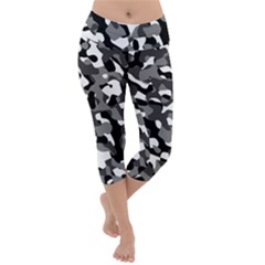 Black And White Camouflage Pattern Lightweight Velour Capri Yoga Leggings by SpinnyChairDesigns