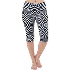 Black And White Line Art Pattern Stripes Lightweight Velour Cropped Yoga Leggings by SpinnyChairDesigns