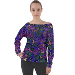 Purple Abstract Butterfly Pattern Off Shoulder Long Sleeve Velour Top by SpinnyChairDesigns