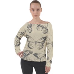 Vintage Ink Stamp On Paper Monarch Butterfly Off Shoulder Long Sleeve Velour Top by SpinnyChairDesigns