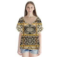 Antique Black And Gold V-neck Flutter Sleeve Top by SpinnyChairDesigns
