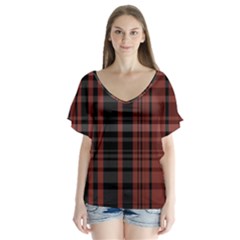 Black And Red Striped Plaid V-neck Flutter Sleeve Top by SpinnyChairDesigns