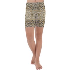 Ecru And Brown Intricate Pattern Kids  Lightweight Velour Capri Yoga Leggings by SpinnyChairDesigns