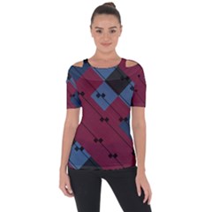 Burgundy Black Blue Abstract Check Pattern Shoulder Cut Out Short Sleeve Top by SpinnyChairDesigns