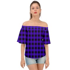 Dark Blue Black Buffalo Plaid Off Shoulder Short Sleeve Top by SpinnyChairDesigns