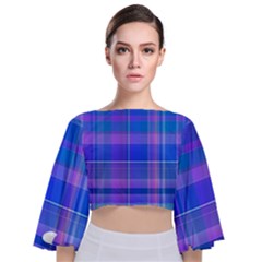 Madras Plaid Blue Purple Tie Back Butterfly Sleeve Chiffon Top by SpinnyChairDesigns