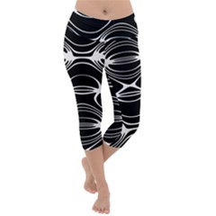 Black And White Clam Shell Pattern Lightweight Velour Capri Yoga Leggings by SpinnyChairDesigns