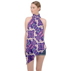 Amethyst And Pink Checkered Stripes Halter Asymmetric Satin Top by SpinnyChairDesigns
