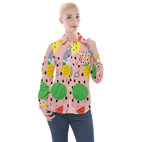 Cats And Fruits  Women s Long Sleeve Pocket Shirt by Sobalvarro