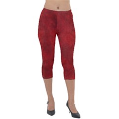 Scarlet Red Velvet Color Faux Texture Lightweight Velour Capri Leggings  by SpinnyChairDesigns