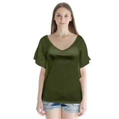 Army Green Color Texture V-neck Flutter Sleeve Top by SpinnyChairDesigns