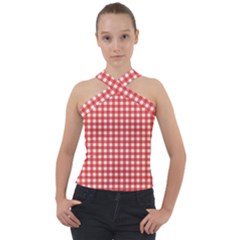 Red White Gingham Plaid Cross Neck Velour Top by SpinnyChairDesigns