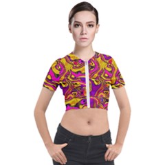 Colorful Boho Swirls Pattern Short Sleeve Cropped Jacket by SpinnyChairDesigns