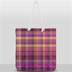 Magenta Gold Madras Plaid Full Print Rope Handle Tote (large) by SpinnyChairDesigns