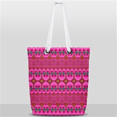 Boho Bright Pink Floral Full Print Rope Handle Tote (small) by SpinnyChairDesigns
