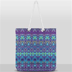 Boho Purple Blue Teal Floral Full Print Rope Handle Tote (large) by SpinnyChairDesigns