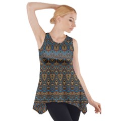 Boho Blue Gold Pattern Side Drop Tank Tunic by SpinnyChairDesigns