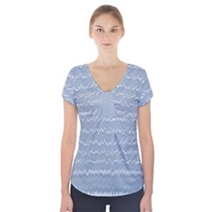 Boho Faded Blue Stripes Short Sleeve Front Detail Top by SpinnyChairDesigns