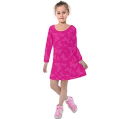 Magenta Pink Butterflies Pattern Kids  Long Sleeve Velvet Dress by SpinnyChairDesigns