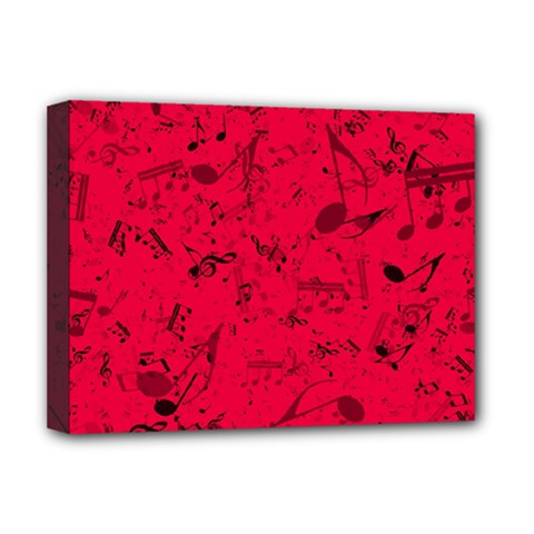 Scarlet Red Music Notes Deluxe Canvas 16  X 12  (stretched)  by SpinnyChairDesigns