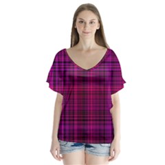 Fuchsia Madras Plaid V-neck Flutter Sleeve Top by SpinnyChairDesigns