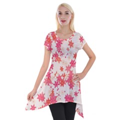Vermilion And Coral Floral Print Short Sleeve Side Drop Tunic by SpinnyChairDesigns