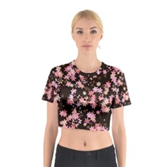 Pink Lilies On Black Cotton Crop Top by SpinnyChairDesigns