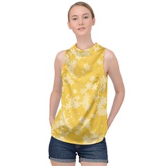 Saffron Yellow Floral Print High Neck Satin Top by SpinnyChairDesigns