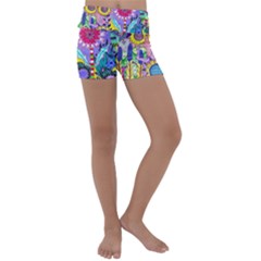 Double Sunflower Abstract Kids  Lightweight Velour Yoga Shorts by okhismakingart