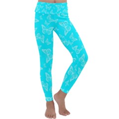 Aqua Blue Butterfly Print Kids  Lightweight Velour Classic Yoga Leggings by SpinnyChairDesigns