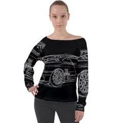 6-white-line-black-background-classic-car-original-handmade-drawing-pablo-franchi Off Shoulder Long Sleeve Velour Top by blackdaisy