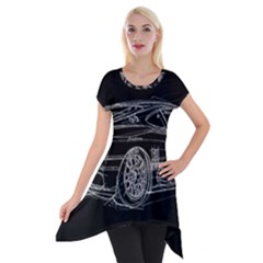 6-white-line-black-background-classic-car-original-handmade-drawing-pablo-franchi Short Sleeve Side Drop Tunic by blackdaisy