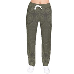 Rustic Green Brown Swirls Women Velvet Drawstring Pants