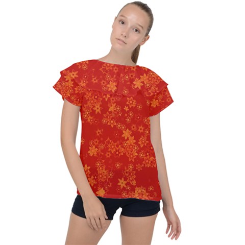Orange Red Floral Print Ruffle Collar Chiffon Blouse by SpinnyChairDesigns